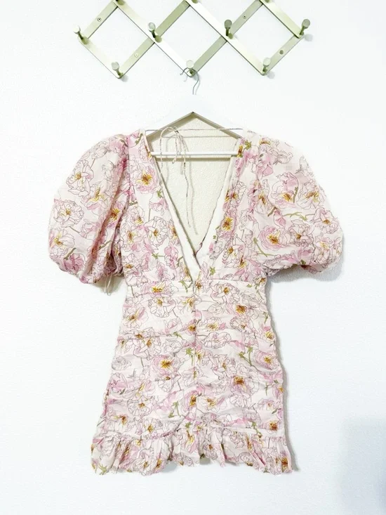 Sau Lee Posey Puff Sleeve Floral Pastel Pink Ruched Mini Dress Size US 8 - Picture 10 of 16